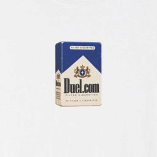 Close-up of the Duel.com cigarette-pack chest print