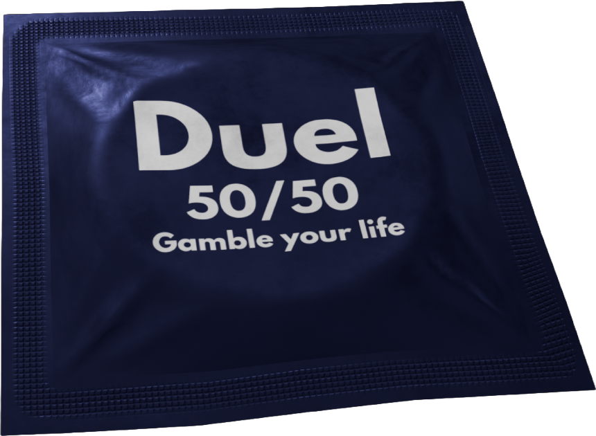 Duel 50/50 condom in navy foil packaging