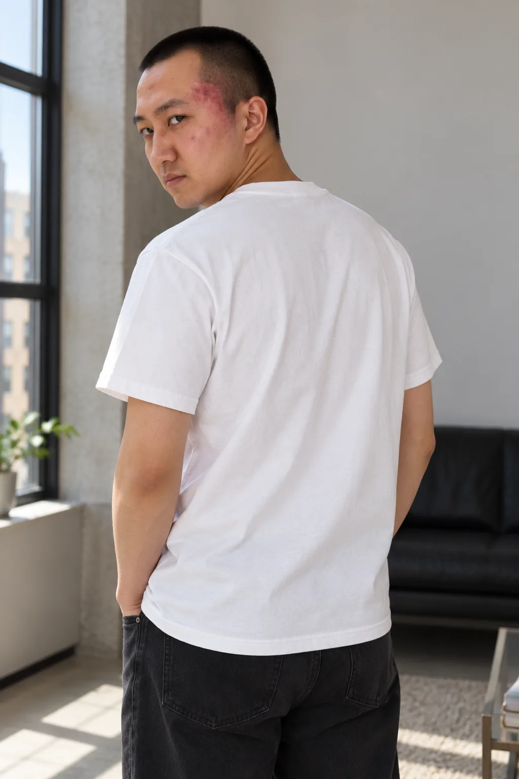 Duel Face Tee, worn — model back