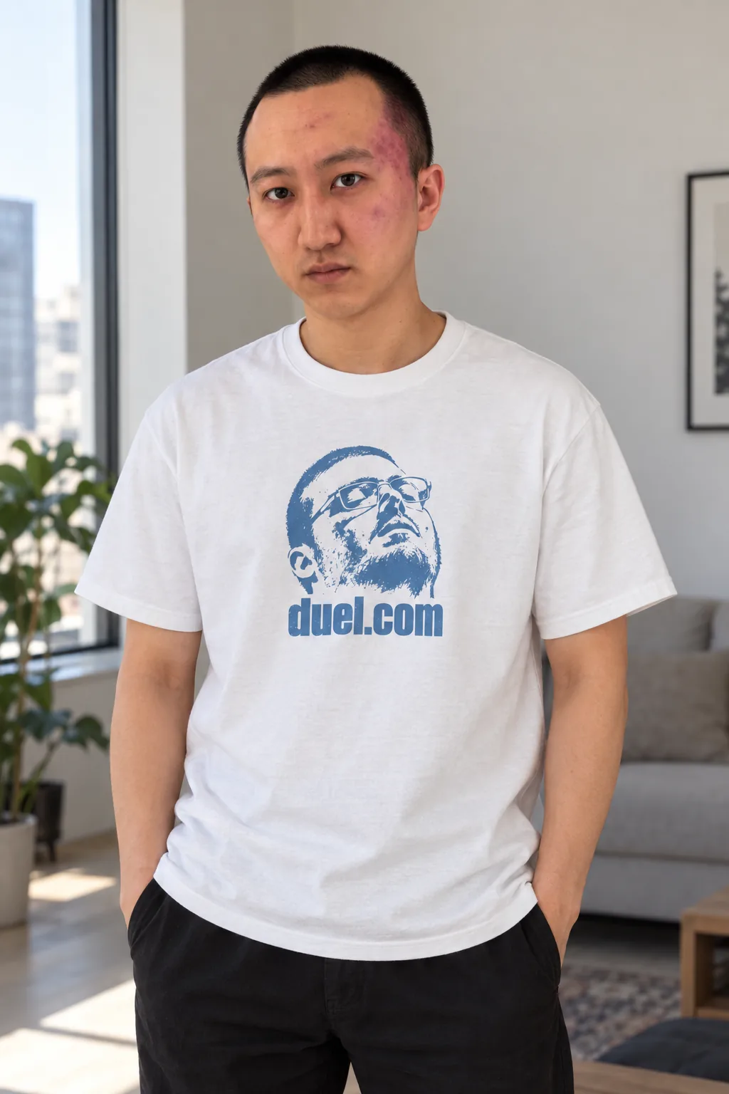Duel Face Tee, worn — model front