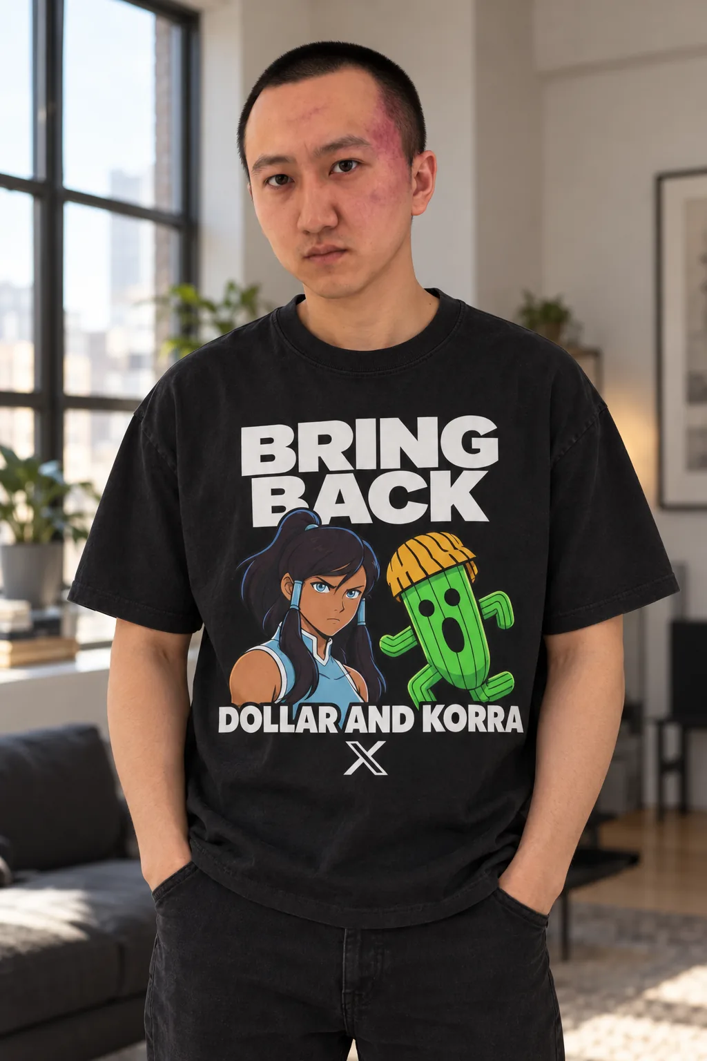 Duel Dollar and Korra Tee, worn — model front