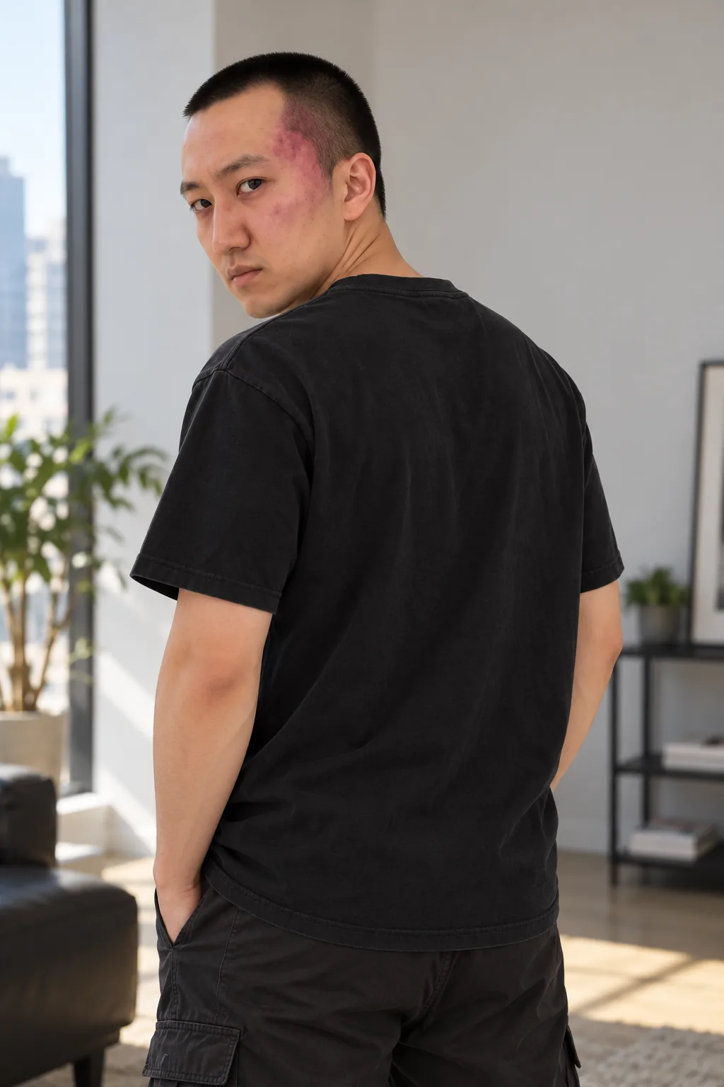 Duel Need Money Tee, worn — model back