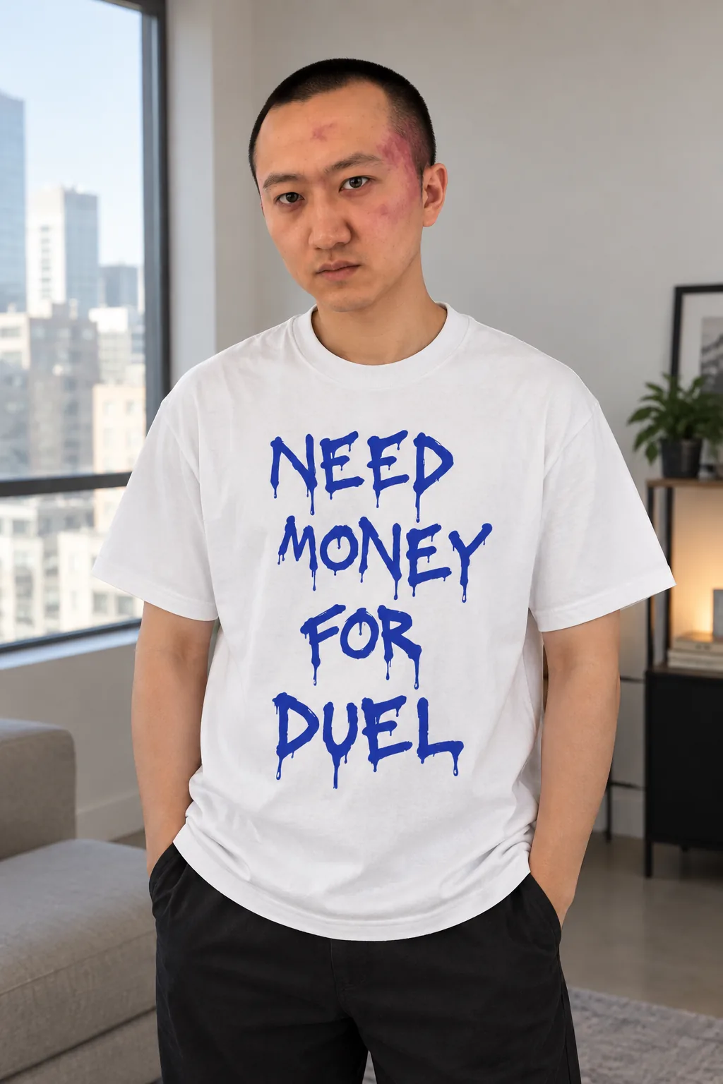 Duel Need Money Tee, worn — model front