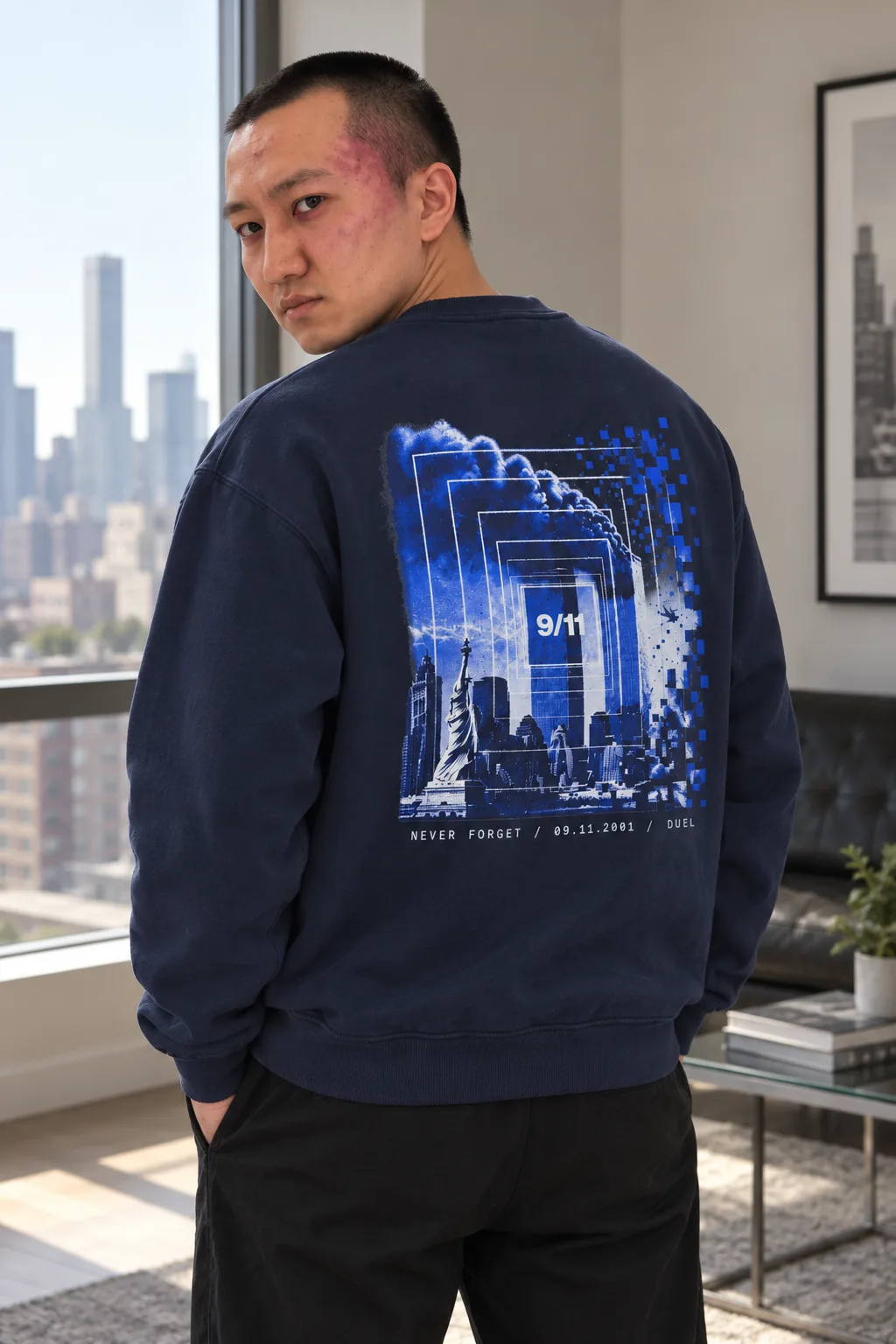 Duel 9/11 Sweatshirt, worn — model back