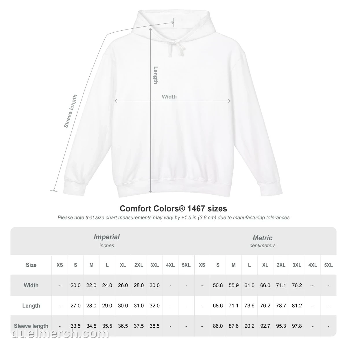 Duel Wait Wait Wait Sweatshirt, size chart